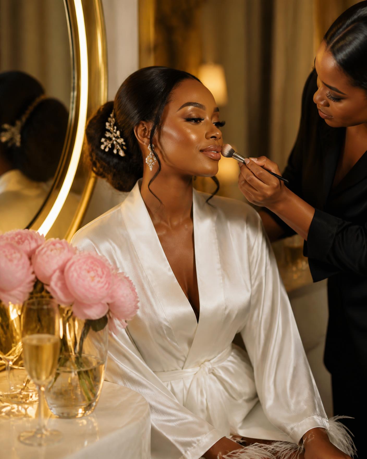 A Nigerian bride receiving final glam at a warm-lit vanity