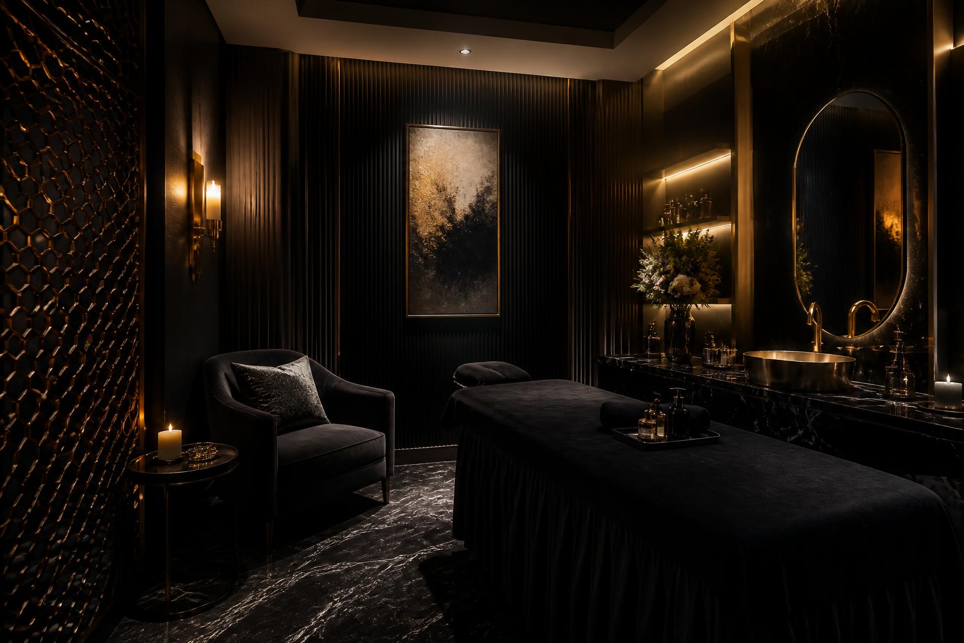 A Black woman resting during a warm-lit spa escape