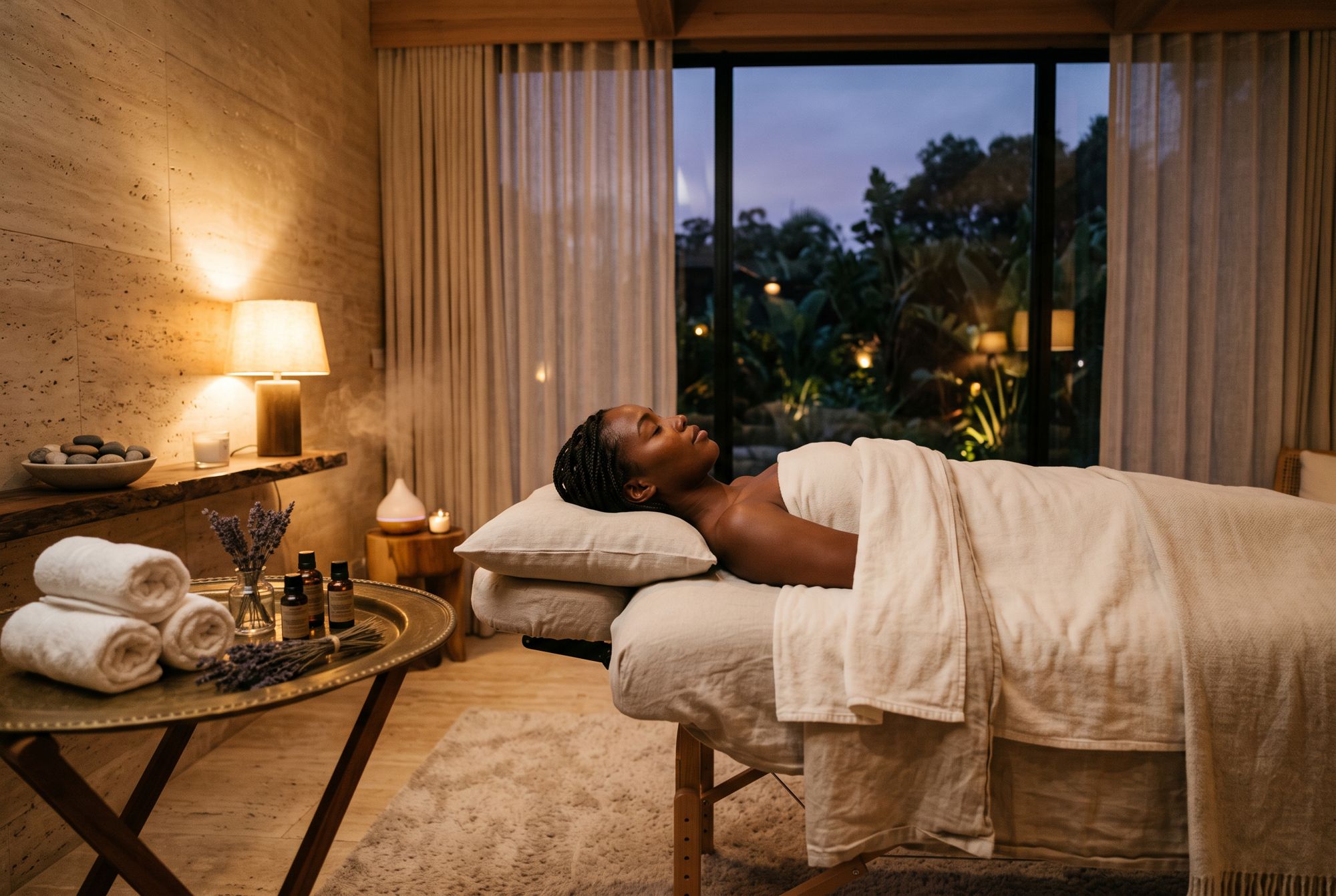 A guest resting under a soft linen throw in a warm, lamp-lit treatment room overlooking a garden at dusk